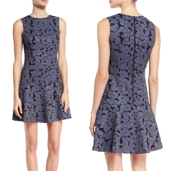 ALICE + OLIVIA FONDA SLEEVELESS DROP WAIST DENIM FLORAL APPLIQUE MINI DRESS - Picture 1 of 16